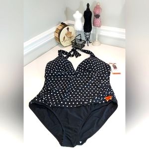 2 Bamboo Black & White Polka Dot Halter Top One Piece Swimsuit NWT